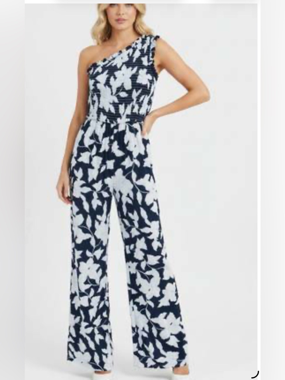 Japna Floral Wide Leg One shoulder smocked Jumpsuit. - Picture 1 of 13